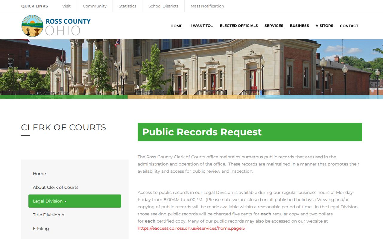 Chillicothe previous residents court records request source for historical verification