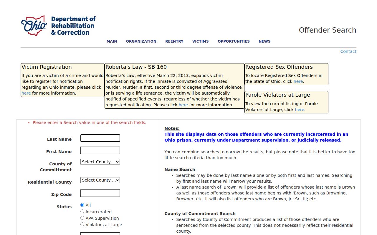 Chillicothe resident lookup view of Ohio DRC offender search fields